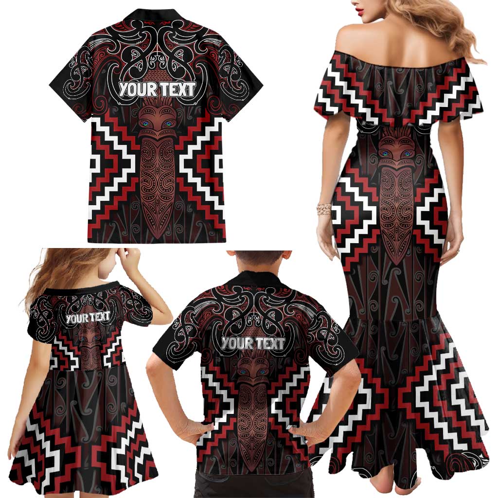 Maori Taiaha Whakairo Personalized Family Matching Mermaid Dress and Hawaiian Shirt Red Poutama Motifs LT7 - Polynesian Pride