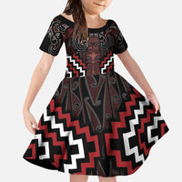 Maori Taiaha Whakairo Personalized Family Matching Off The Shoulder Long Sleeve Dress and Hawaiian Shirt Red Poutama Motifs LT7 Daughter's Dress Red - Polynesian Pride