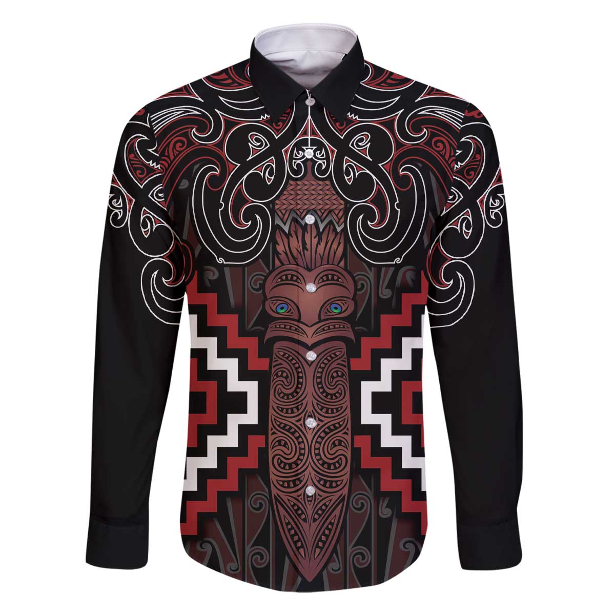 Maori Taiaha Whakairo Personalized Family Matching Off The Shoulder Long Sleeve Dress and Hawaiian Shirt Red Poutama Motifs LT7 Dad's Shirt - Long Sleeve Red - Polynesian Pride
