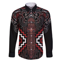 Maori Taiaha Whakairo Personalized Family Matching Off The Shoulder Long Sleeve Dress and Hawaiian Shirt Red Poutama Motifs LT7 Dad's Shirt - Long Sleeve Red - Polynesian Pride