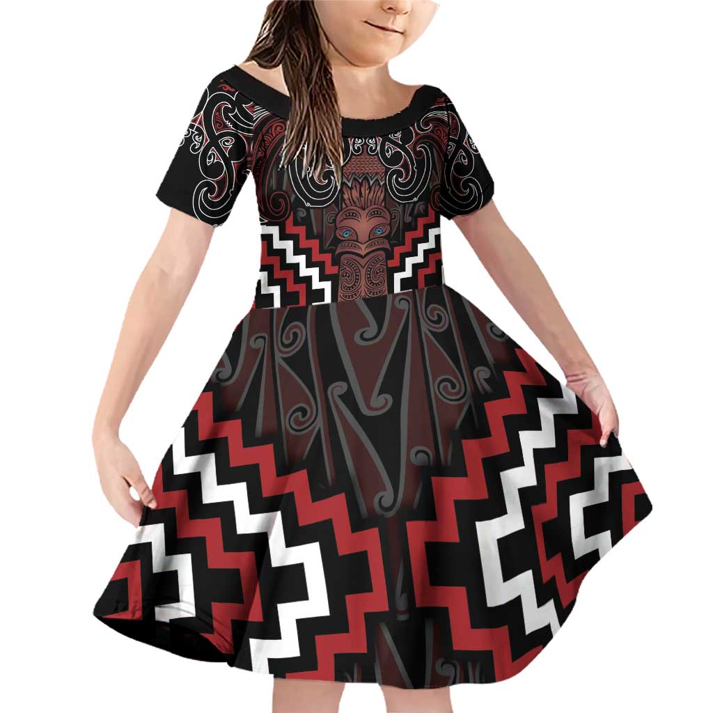 Maori Taiaha Whakairo Personalized Family Matching Off Shoulder Short Dress and Hawaiian Shirt Red Poutama Motifs
