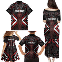 Maori Taiaha Whakairo Personalized Family Matching Puletasi and Hawaiian Shirt Red Poutama Motifs LT7 - Polynesian Pride