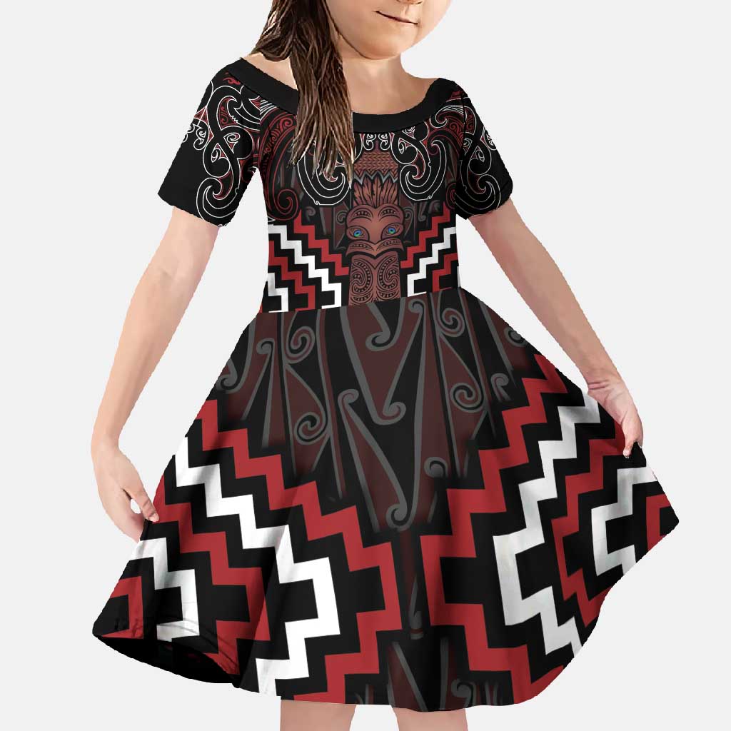 Maori Taiaha Whakairo Personalized Family Matching Short Sleeve Bodycon Dress and Hawaiian Shirt Red Poutama Motifs LT7 Daughter's Dress Red - Polynesian Pride