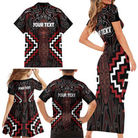 Maori Taiaha Whakairo Personalized Family Matching Short Sleeve Bodycon Dress and Hawaiian Shirt Red Poutama Motifs LT7 - Polynesian Pride