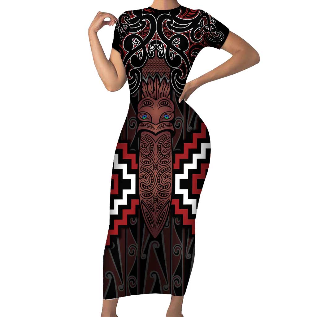 Maori Taiaha Whakairo Personalized Family Matching Short Sleeve Bodycon Dress and Hawaiian Shirt Red Poutama Motifs LT7 Mom's Dress Red - Polynesian Pride