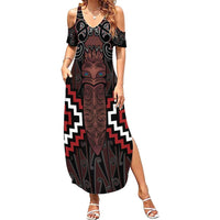 Maori Taiaha Whakairo Personalized Family Matching Summer Maxi Dress and Hawaiian Shirt Red Poutama Motifs