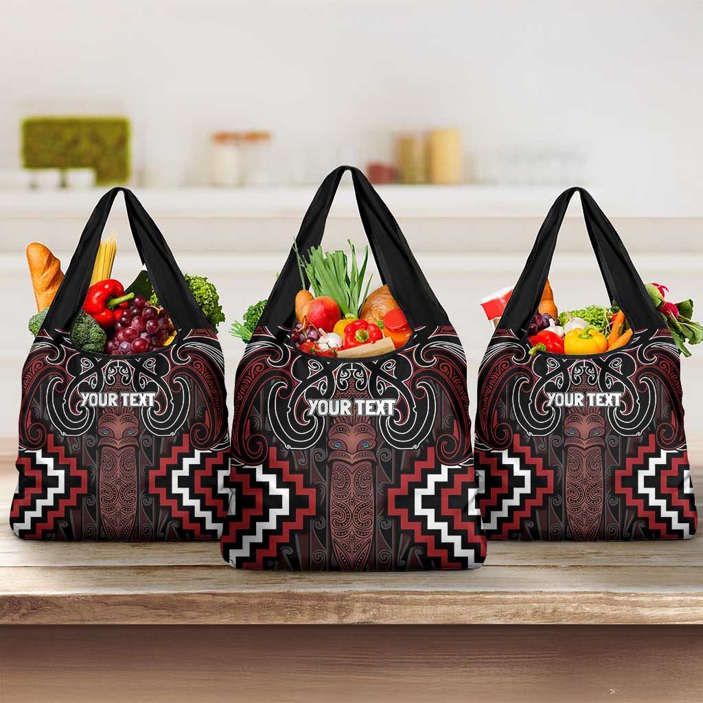 Maori Taiaha Whakairo Personalized Grocery Bag Red Poutama Motifs