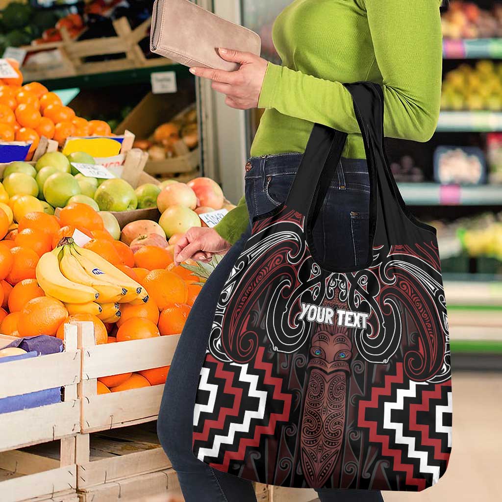 Maori Taiaha Whakairo Personalized Grocery Bag Red Poutama Motifs