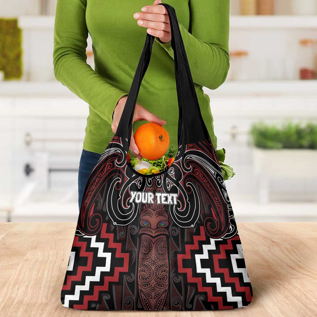 Maori Taiaha Whakairo Personalized Grocery Bag Red Poutama Motifs