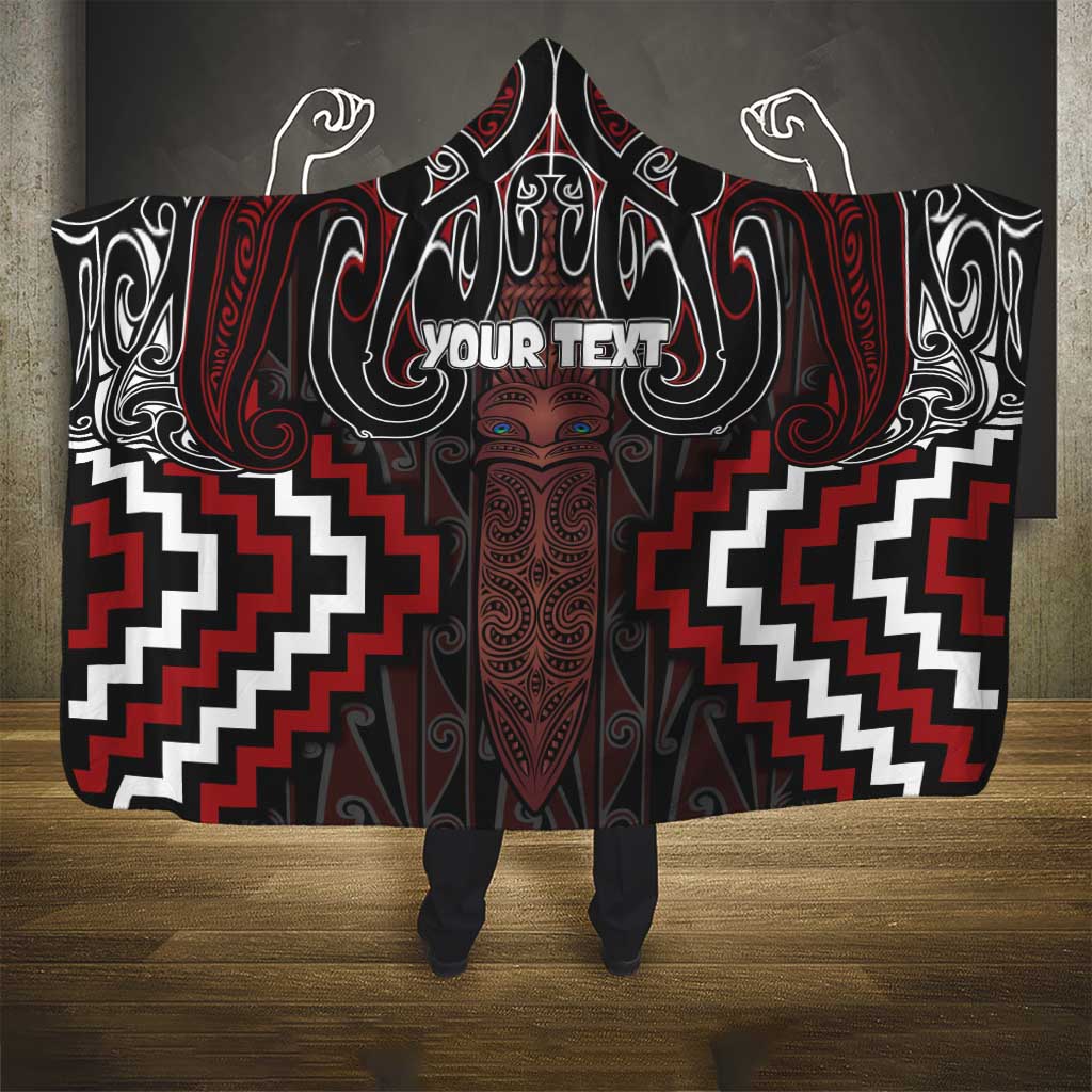 Maori Taiaha Whakairo Personalized Hooded Blanket Red Poutama Motifs