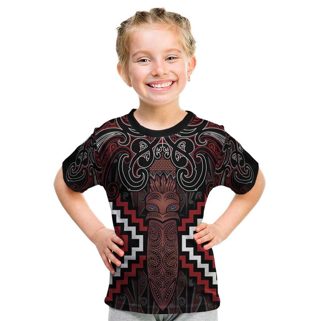 Maori Taiaha Whakairo Personalized Kid T Shirt Red Poutama Motifs