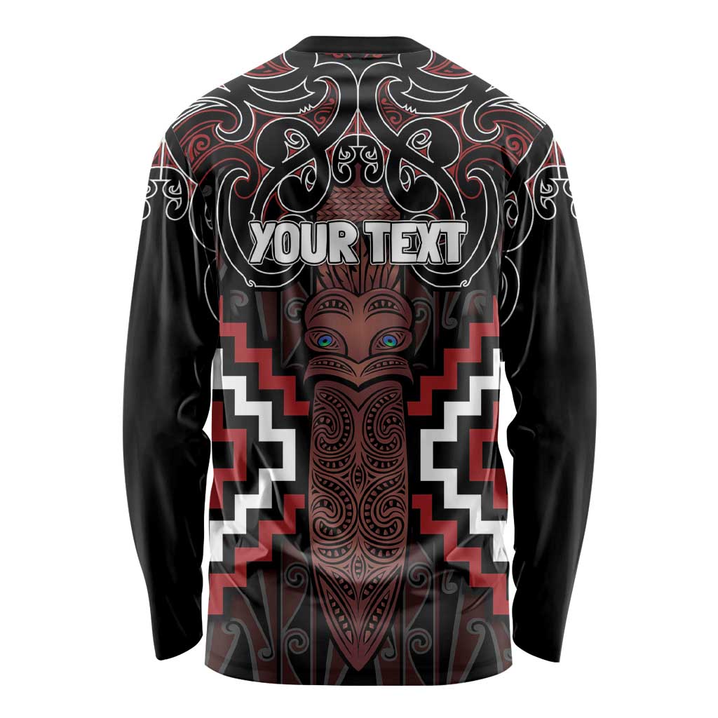 Maori Taiaha Whakairo Personalized Long Sleeve Shirt Red Poutama Motifs
