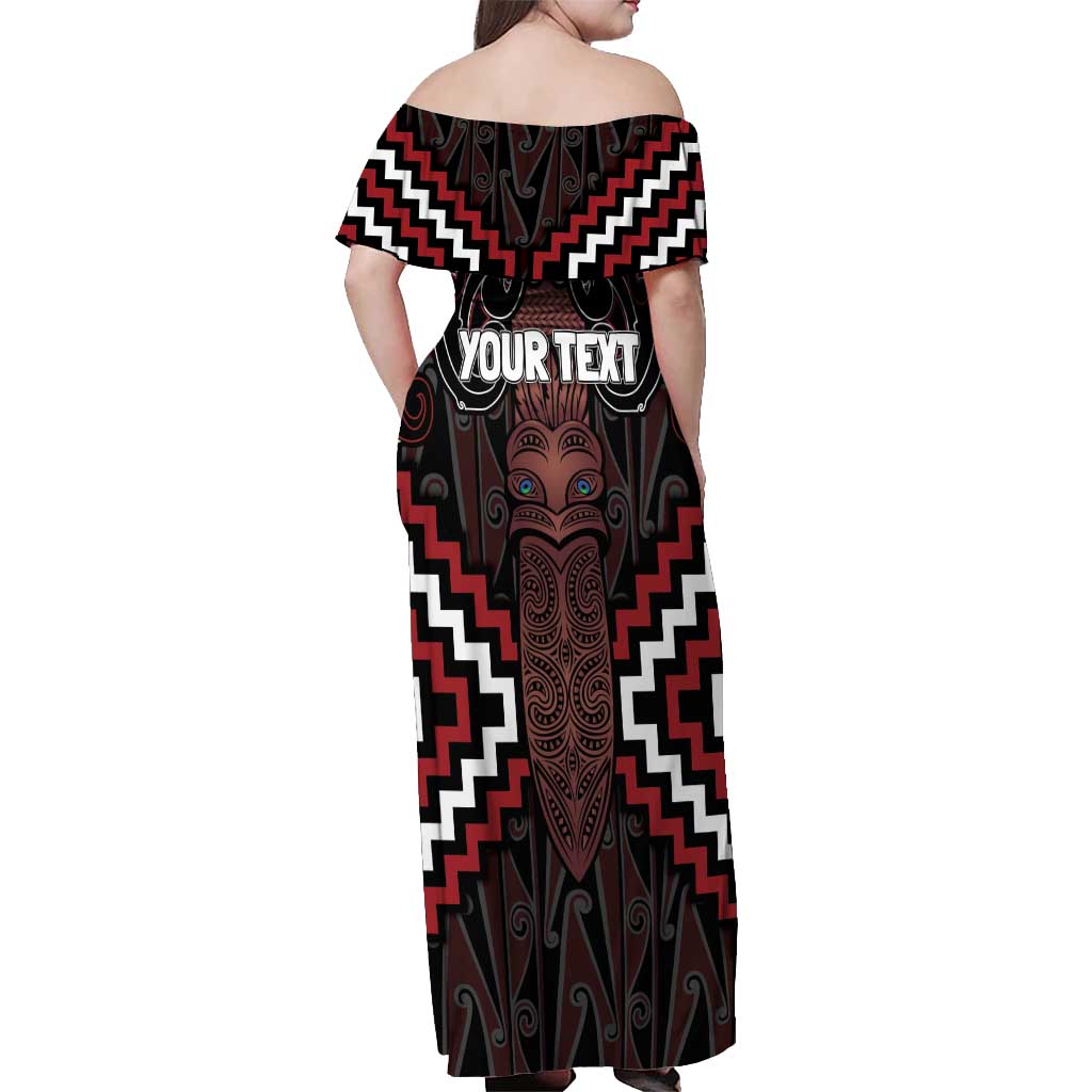 Maori Taiaha Whakairo Personalized Off Shoulder Maxi Dress Red Poutama Motifs