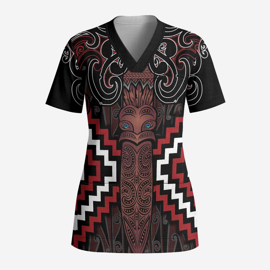 Maori Taiaha Whakairo Personalized Scrub Top Red Poutama Motifs - Polynesian Pride
