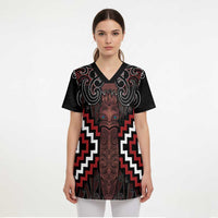 Maori Taiaha Whakairo Personalized Scrub Top Red Poutama Motifs - Polynesian Pride