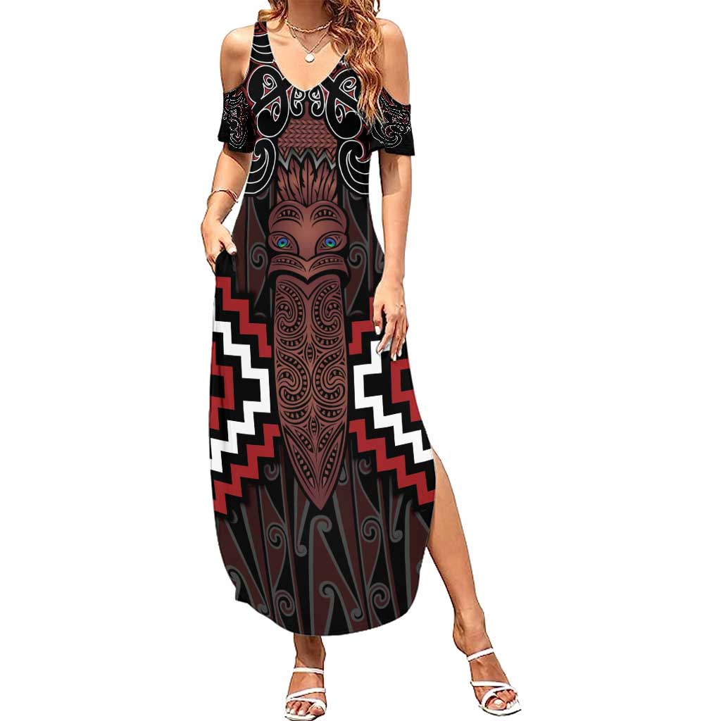Maori Taiaha Whakairo Personalized Summer Maxi Dress Red Poutama Motifs