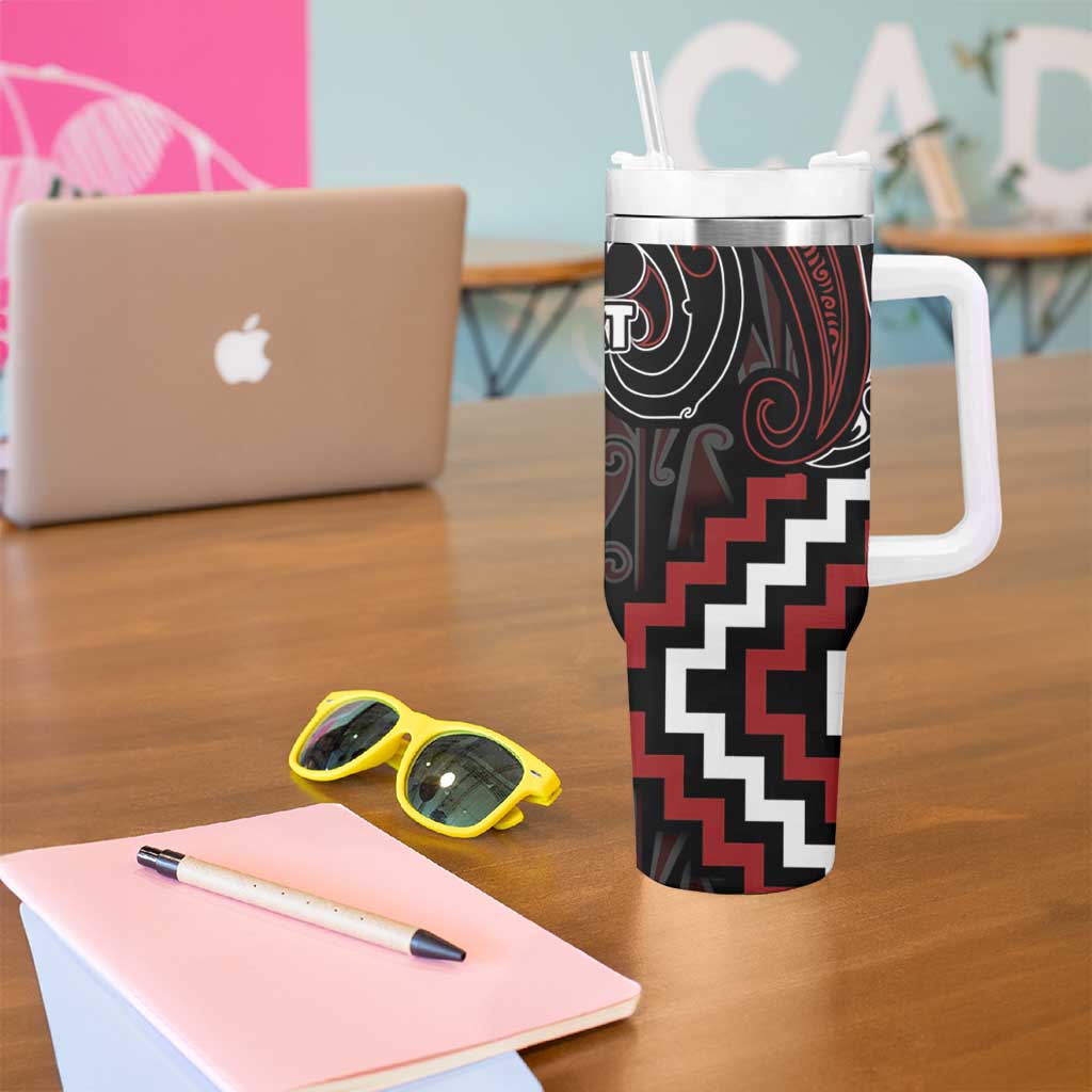 Maori Taiaha Whakairo Personalized Tumbler With Handle Red Poutama Motifs
