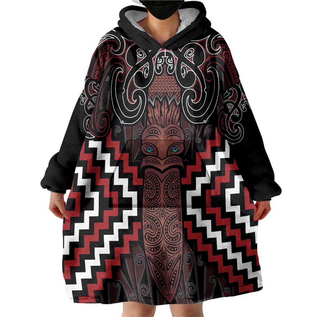Maori Taiaha Whakairo Personalized Wearable Blanket Hoodie Red Poutama Motifs