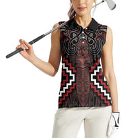 Maori Taiaha Whakairo Personalized Women Sleeveless Polo Shirt Red Poutama Motifs