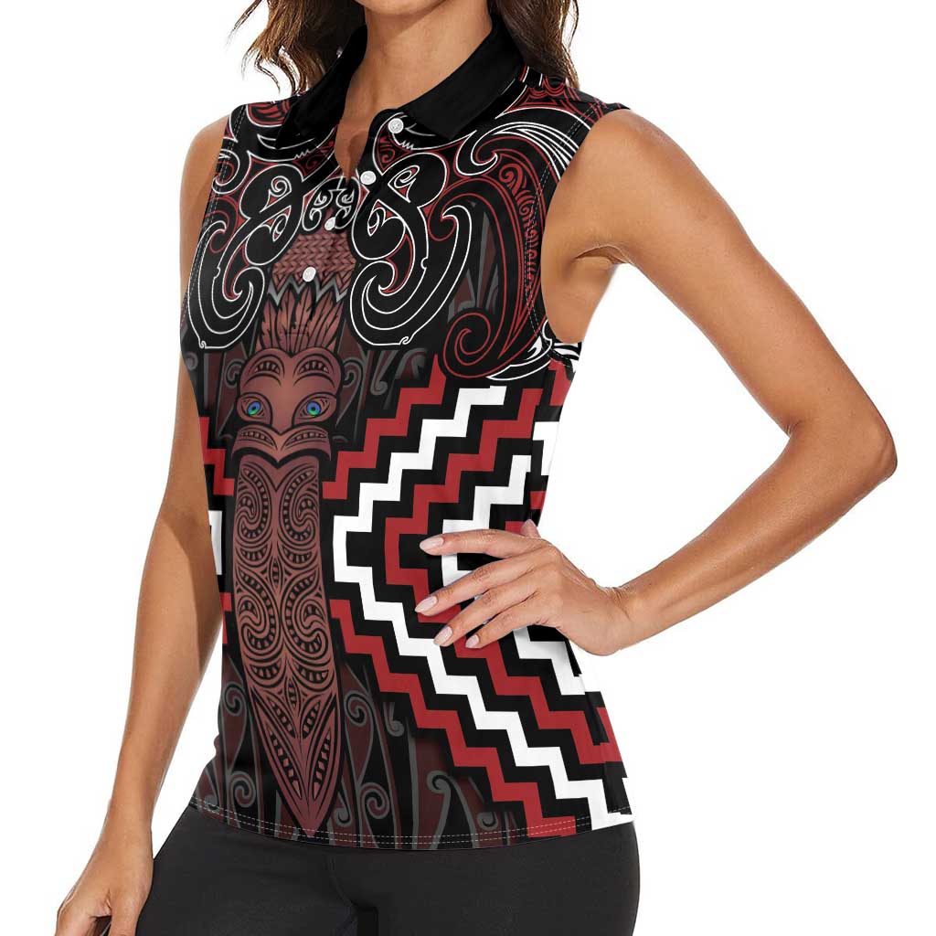 Maori Taiaha Whakairo Personalized Women Sleeveless Polo Shirt Red Poutama Motifs