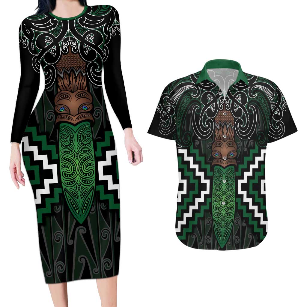 Maori Taiaha Pounamu Whakairo Personalized Couples Matching Long Sleeve Bodycon Dress and Hawaiian Shirt Jade Poutama Motifs LT7 Jade - Polynesian Pride