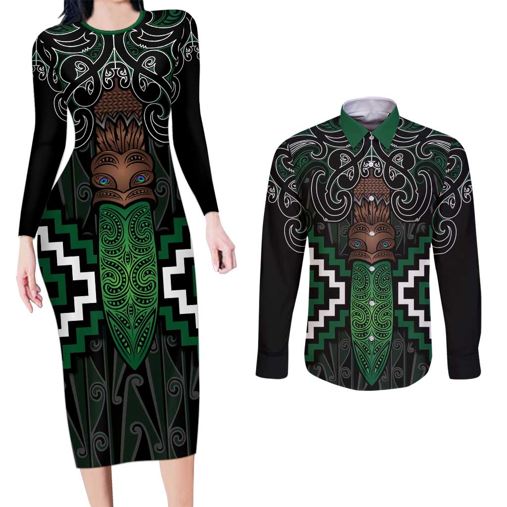 Maori Taiaha Pounamu Whakairo Personalized Couples Matching Long Sleeve Bodycon Dress and Long Sleeve Button Shirt Jade Poutama Motifs LT7 Jade - Polynesian Pride