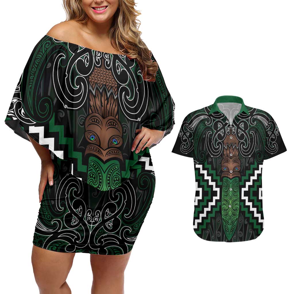 Maori Taiaha Pounamu Whakairo Personalized Couples Matching Off Shoulder Short Dress and Hawaiian Shirt Jade Poutama Motifs LT7 Jade - Polynesian Pride