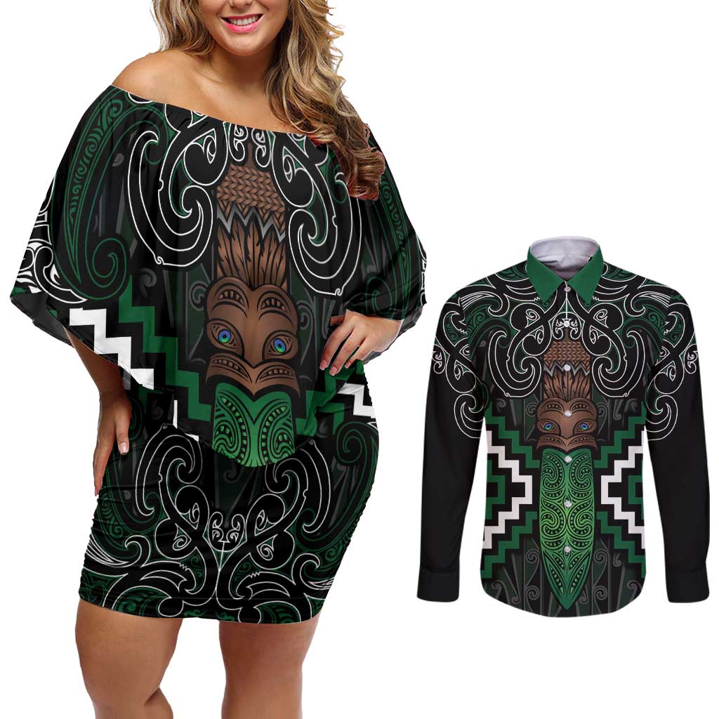 Maori Taiaha Pounamu Whakairo Personalized Couples Matching Off Shoulder Short Dress and Long Sleeve Button Shirt Jade Poutama Motifs LT7 Jade - Polynesian Pride
