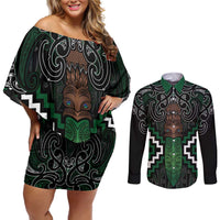 Maori Taiaha Pounamu Whakairo Personalized Couples Matching Off Shoulder Short Dress and Long Sleeve Button Shirt Jade Poutama Motifs LT7 Jade - Polynesian Pride