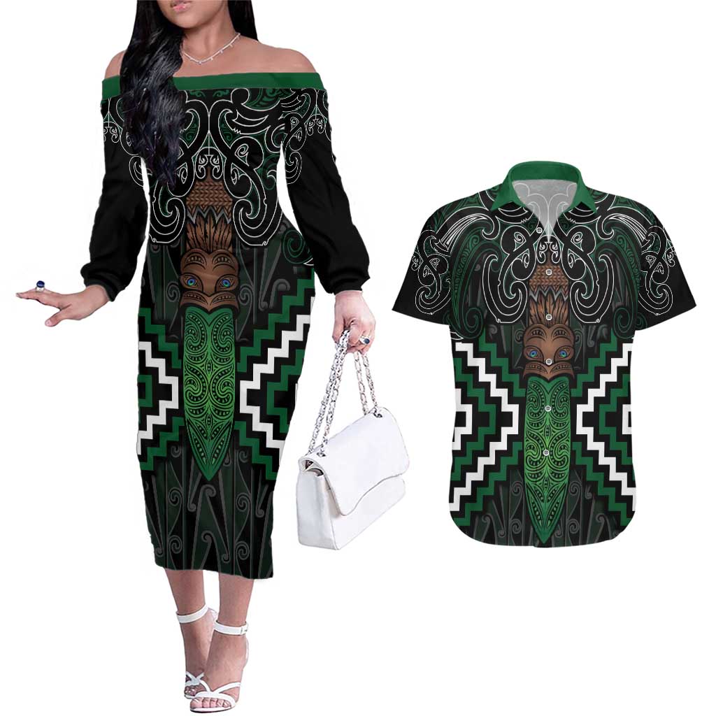 Maori Taiaha Pounamu Whakairo Personalized Couples Matching Off The Shoulder Long Sleeve Dress and Hawaiian Shirt Jade Poutama Motifs LT7 Jade - Polynesian Pride