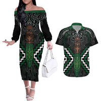 Maori Taiaha Pounamu Whakairo Personalized Couples Matching Off The Shoulder Long Sleeve Dress and Hawaiian Shirt Jade Poutama Motifs LT7 Jade - Polynesian Pride