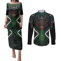 Maori Taiaha Pounamu Whakairo Personalized Couples Matching Puletasi and Long Sleeve Button Shirt Jade Poutama Motifs