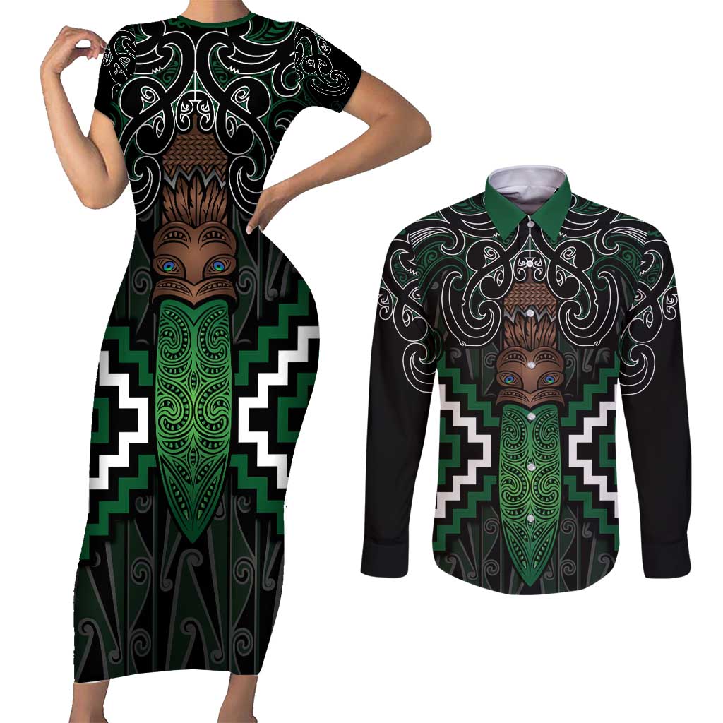 Maori Taiaha Pounamu Whakairo Personalized Couples Matching Short Sleeve Bodycon Dress and Long Sleeve Button Shirt Jade Poutama Motifs LT7 Jade - Polynesian Pride