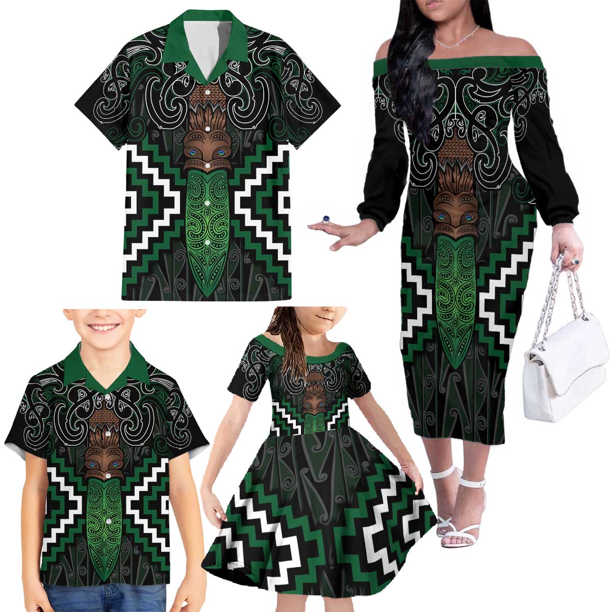 Maori Taiaha Pounamu Whakairo Personalized Family Matching Off The Shoulder Long Sleeve Dress and Hawaiian Shirt Jade Poutama Motifs LT7 - Polynesian Pride