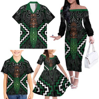 Maori Taiaha Pounamu Whakairo Personalized Family Matching Off The Shoulder Long Sleeve Dress and Hawaiian Shirt Jade Poutama Motifs LT7 - Polynesian Pride