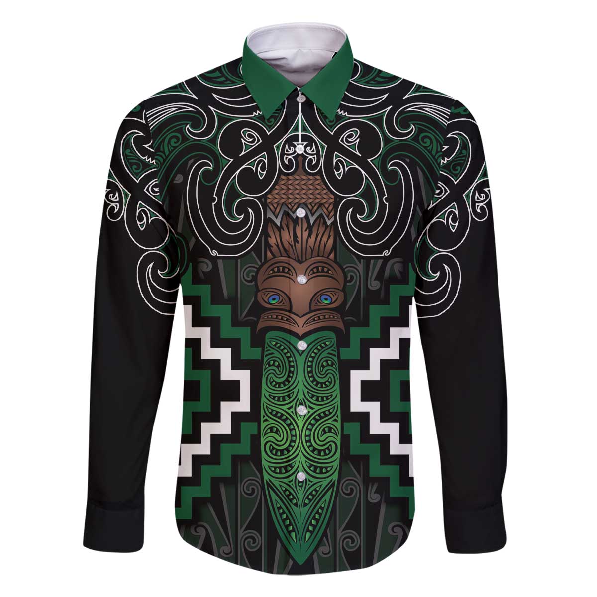 Maori Taiaha Pounamu Whakairo Personalized Family Matching Off The Shoulder Long Sleeve Dress and Hawaiian Shirt Jade Poutama Motifs LT7 Dad's Shirt - Long Sleeve Jade - Polynesian Pride