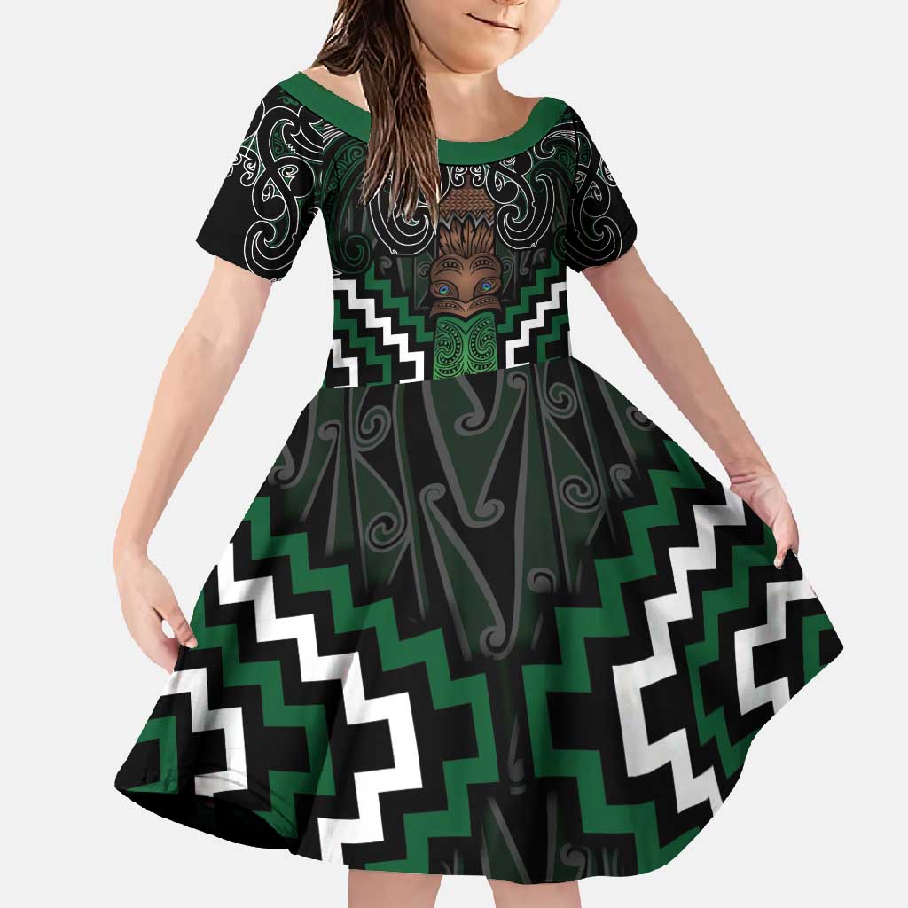 Maori Taiaha Pounamu Whakairo Personalized Family Matching Short Sleeve Bodycon Dress and Hawaiian Shirt Jade Poutama Motifs LT7 Daughter's Dress Jade - Polynesian Pride