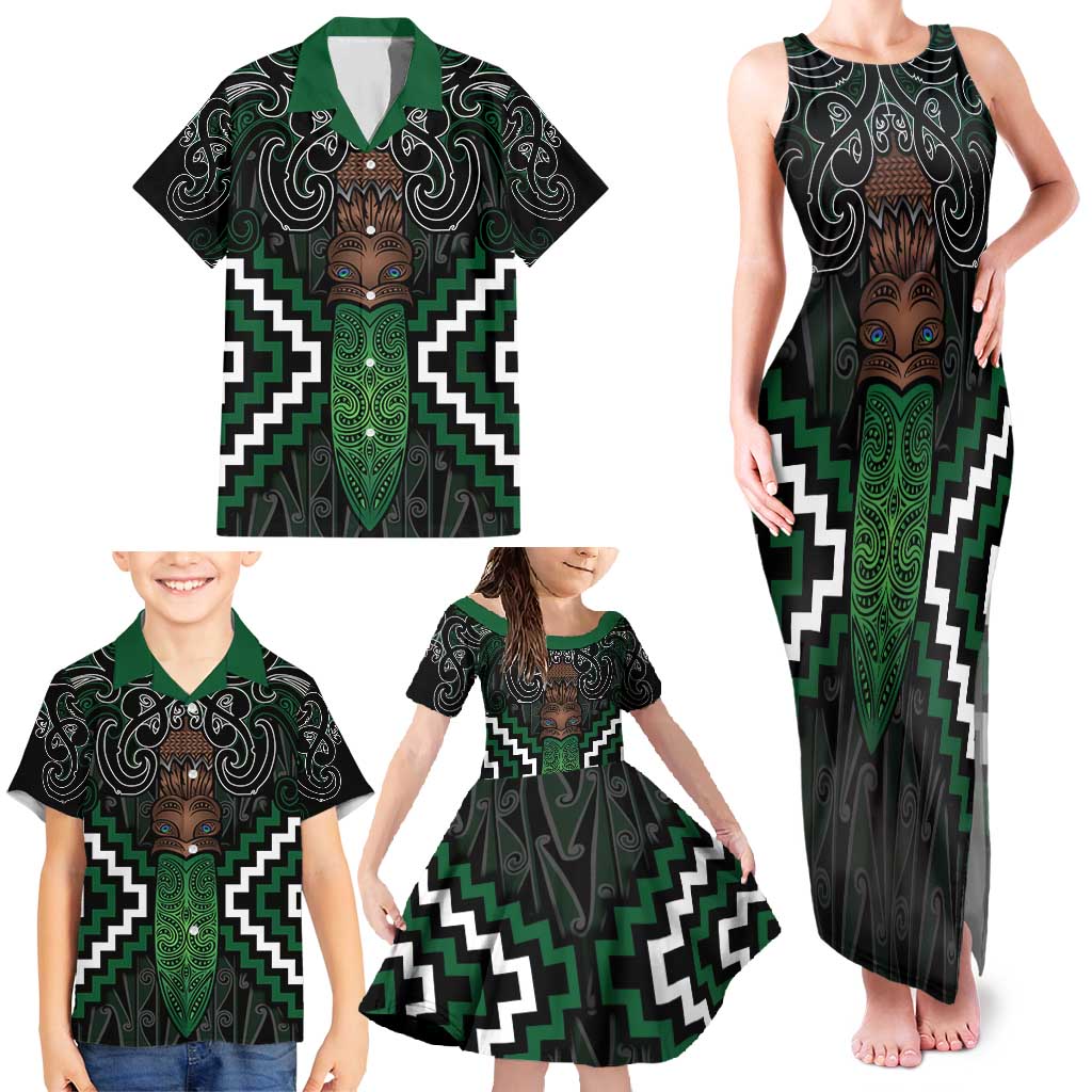 Maori Taiaha Pounamu Whakairo Personalized Family Matching Tank Maxi Dress and Hawaiian Shirt Jade Poutama Motifs