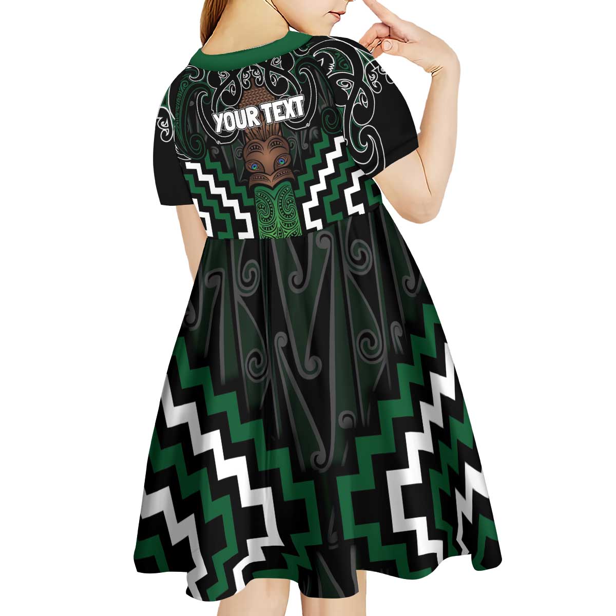 Maori Taiaha Pounamu Whakairo Personalized Kid Short Sleeve Dress Jade Poutama Motifs