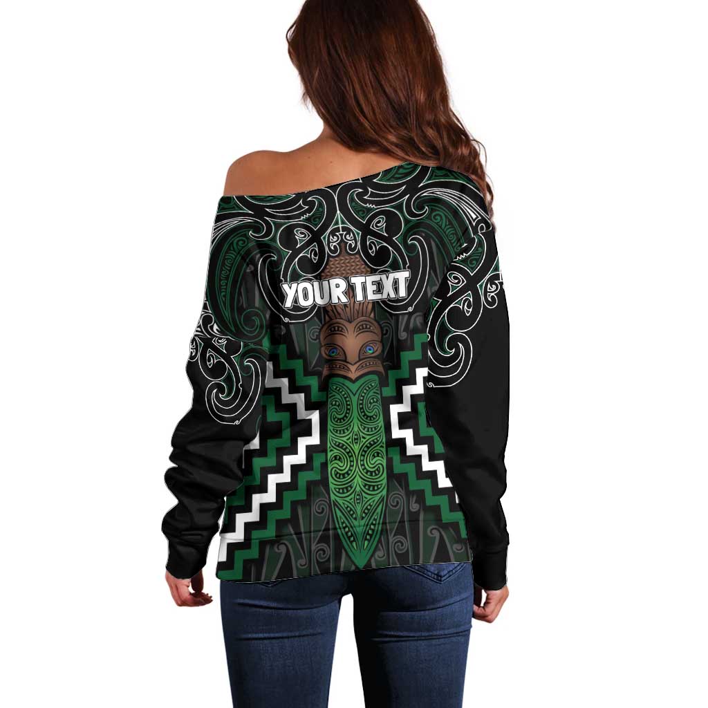 Maori Taiaha Pounamu Whakairo Personalized Off Shoulder Sweater Jade Poutama Motifs