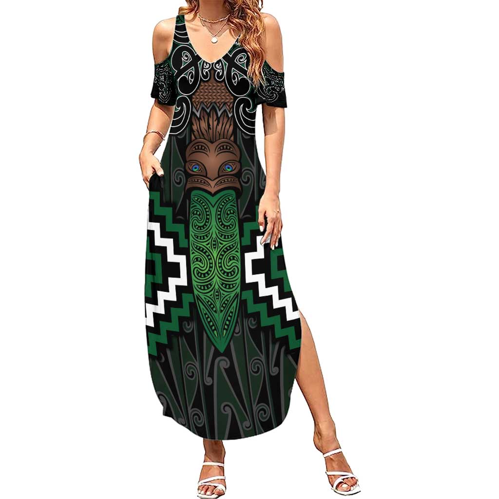 Maori Taiaha Pounamu Whakairo Personalized Summer Maxi Dress Jade Poutama Motifs