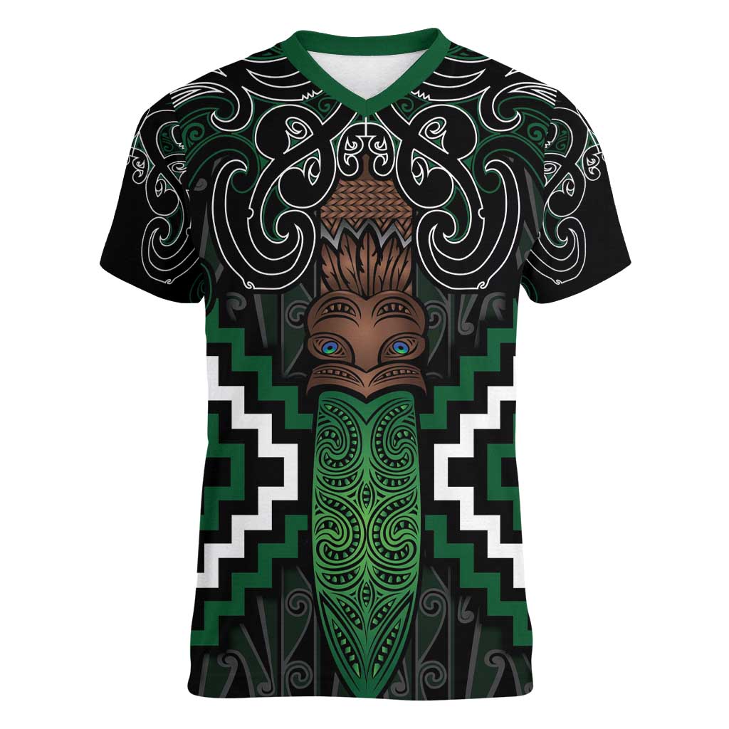 Maori Taiaha Pounamu Whakairo Personalized Women V-Neck T-Shirt Jade Poutama Motifs LT7 Female Jade - Polynesian Pride