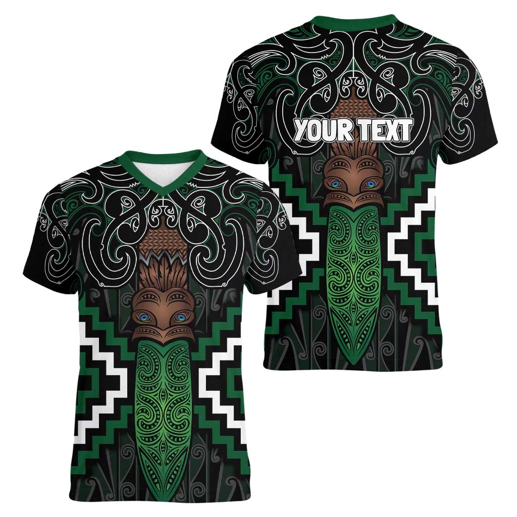 Maori Taiaha Pounamu Whakairo Personalized Women V-Neck T-Shirt Jade Poutama Motifs LT7 - Polynesian Pride