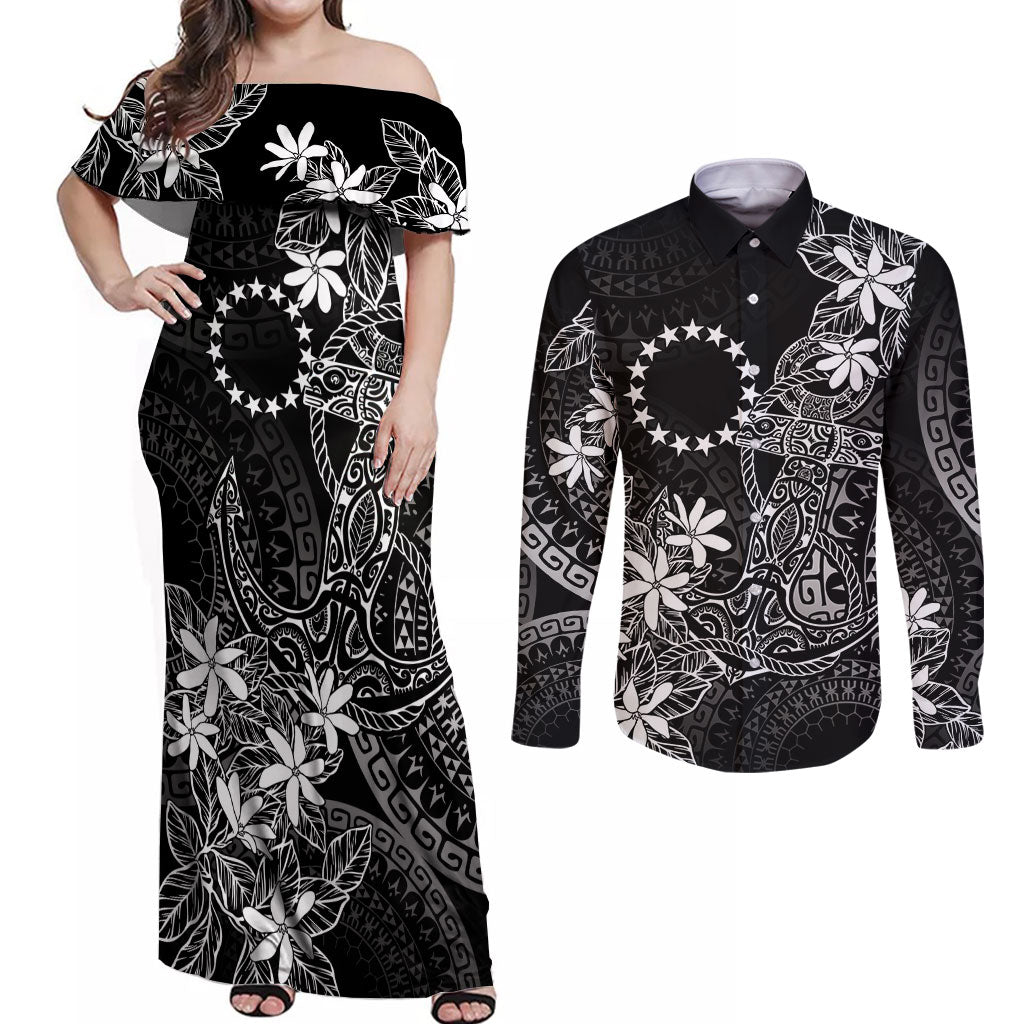 Black Kuki Airani Tapakau Couples Matching Off Shoulder Maxi Dress and Long Sleeve Button Shirt Tribal Anchor Mix Tiare