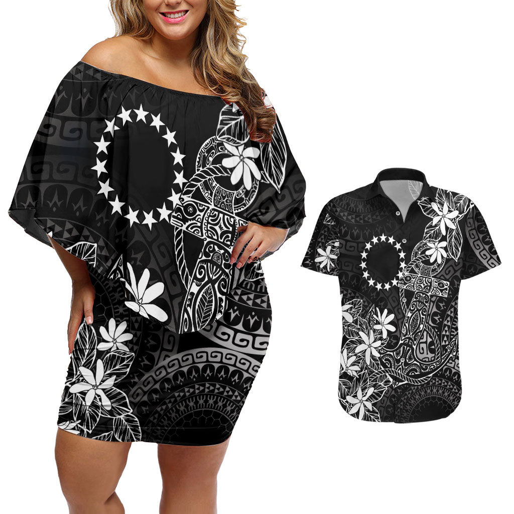Black Kuki Airani Tapakau Couples Matching Off Shoulder Short Dress and Hawaiian Shirt Tribal Anchor Mix Tiare LT7 Black - Polynesian Pride