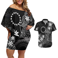 Black Kuki Airani Tapakau Couples Matching Off Shoulder Short Dress and Hawaiian Shirt Tribal Anchor Mix Tiare LT7 Black - Polynesian Pride