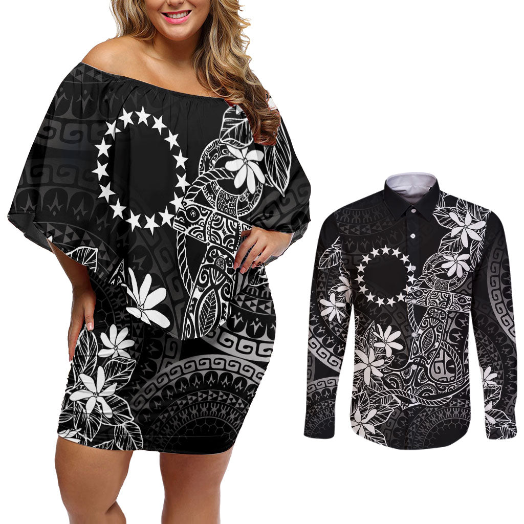 Black Kuki Airani Tapakau Couples Matching Off Shoulder Short Dress and Long Sleeve Button Shirt Tribal Anchor Mix Tiare