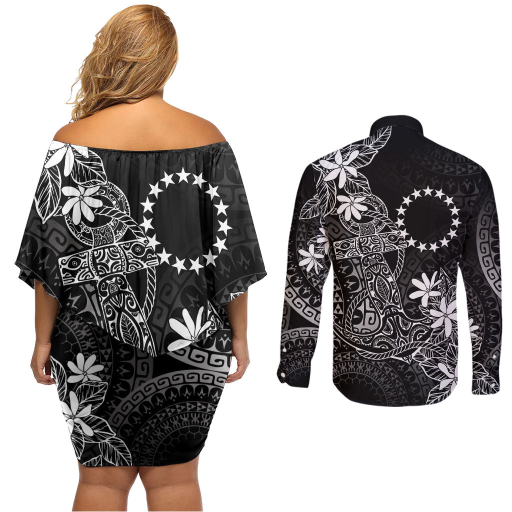 Black Kuki Airani Tapakau Couples Matching Off Shoulder Short Dress and Long Sleeve Button Shirt Tribal Anchor Mix Tiare LT7 - Polynesian Pride