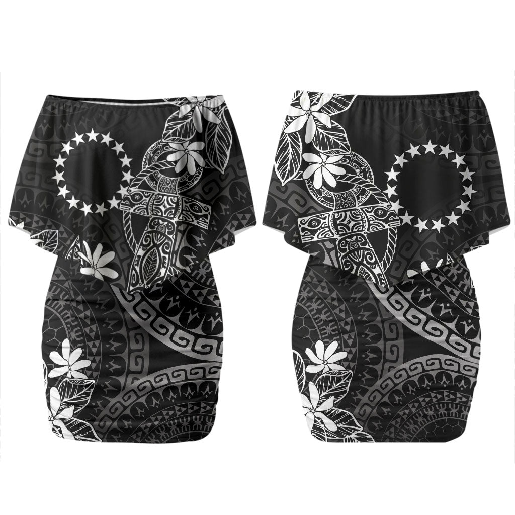 Black Kuki Airani Tapakau Couples Matching Off Shoulder Short Dress and Long Sleeve Button Shirt Tribal Anchor Mix Tiare LT7 - Polynesian Pride