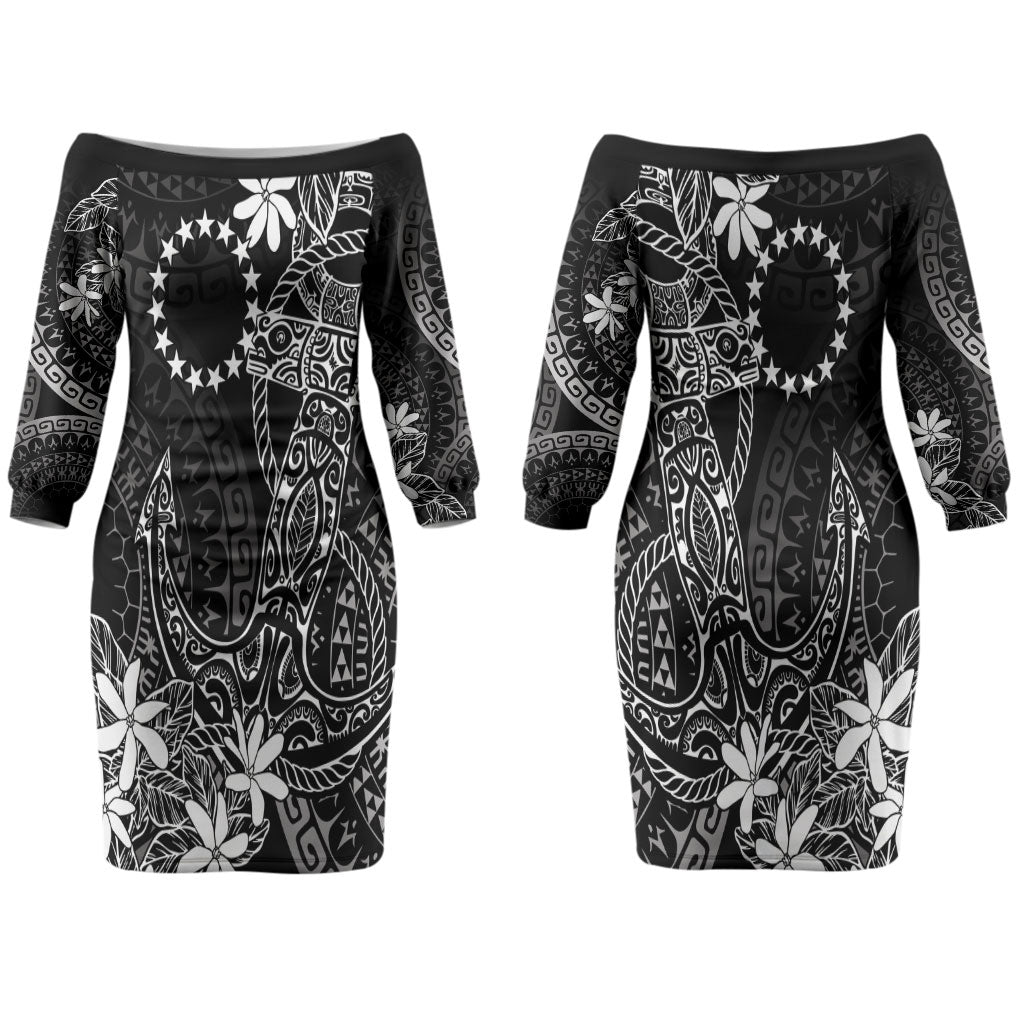Black Kuki Airani Tapakau Couples Matching Off The Shoulder Long Sleeve Dress and Hawaiian Shirt Tribal Anchor Mix Tiare LT7 - Polynesian Pride